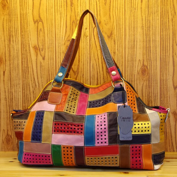 Free shipping Carl fashion patchwork cutout stripe color block shoulder bag messenger bag genuine leather handbag women's Free shipping Carl fashion patchwork cutout stripe color block shoulder bag messenger bag genuine leather handbag women's