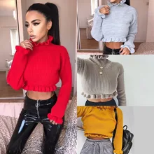 Ubei Hot style autumn clothing knitted ruffles base ruffles turtleneck sweater women short pullover crop top fashion  