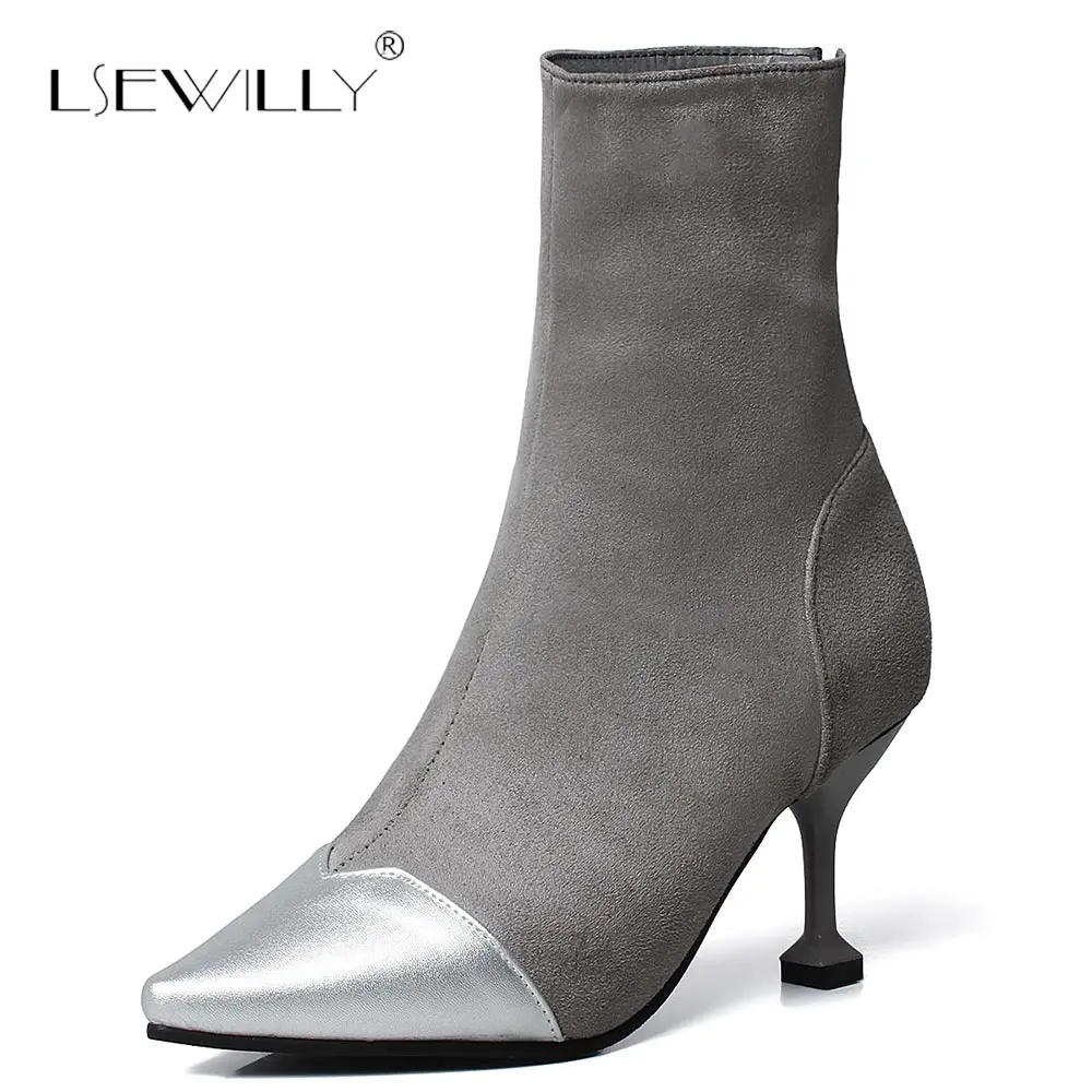 Lsewilly/Женская обувь на высоком каблуке Ботильоны с острым носком Zapatos Зимние