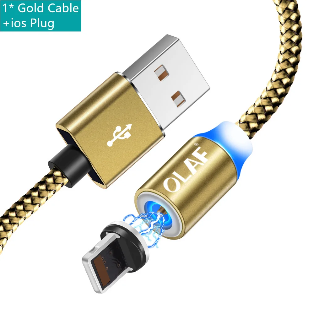 Магнитный usb-кабель OLAF 1 м 2 м 8-контактный кабель для быстрой зарядки USB для iPhone 6 7 8 Plus X XR XS XSMax Магнитный светодиодный шнур для зарядного устройства - Цвет: Золотой