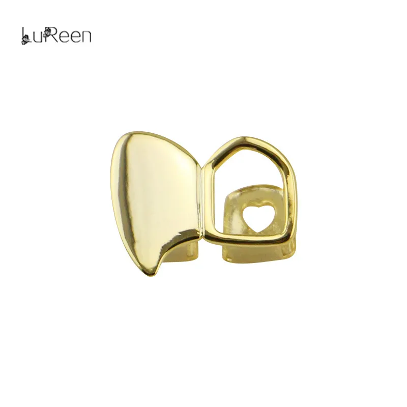 

LuReen Gold Double Cap Fang Grills Vampire Teeth Grills Dental Hollow Top Tooth Caps Halloween Party Jewelry XHYT1053