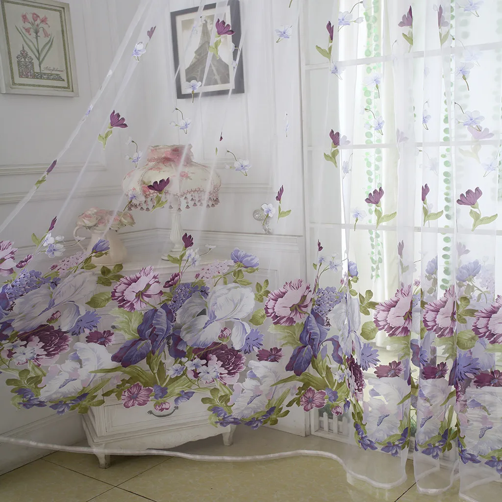 2pcs Peony Flower Print Curtain Tulle Window Treatment Drape Valance Simple Curtain Wear Rod Model 100x200cm L703