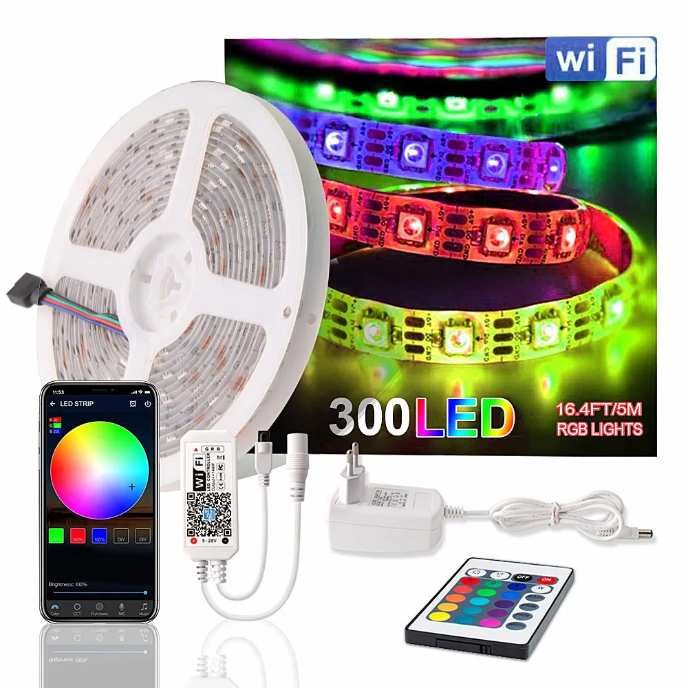 

RGB 5050 5m LED Strip Waterproof Wifi Tira LED Neon Flex Ribbon Light RGB Led Stripe Tape + 24Key Controller 12V Power Supply