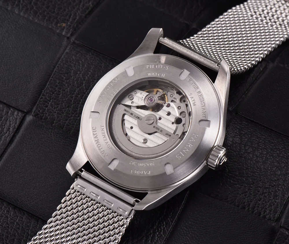 Выпуск 44 мм часы Parnis Мужские автоматические часы из нержавеющей стали механические наручные часы с сетчатым ремешком светящиеся 12/24 часов