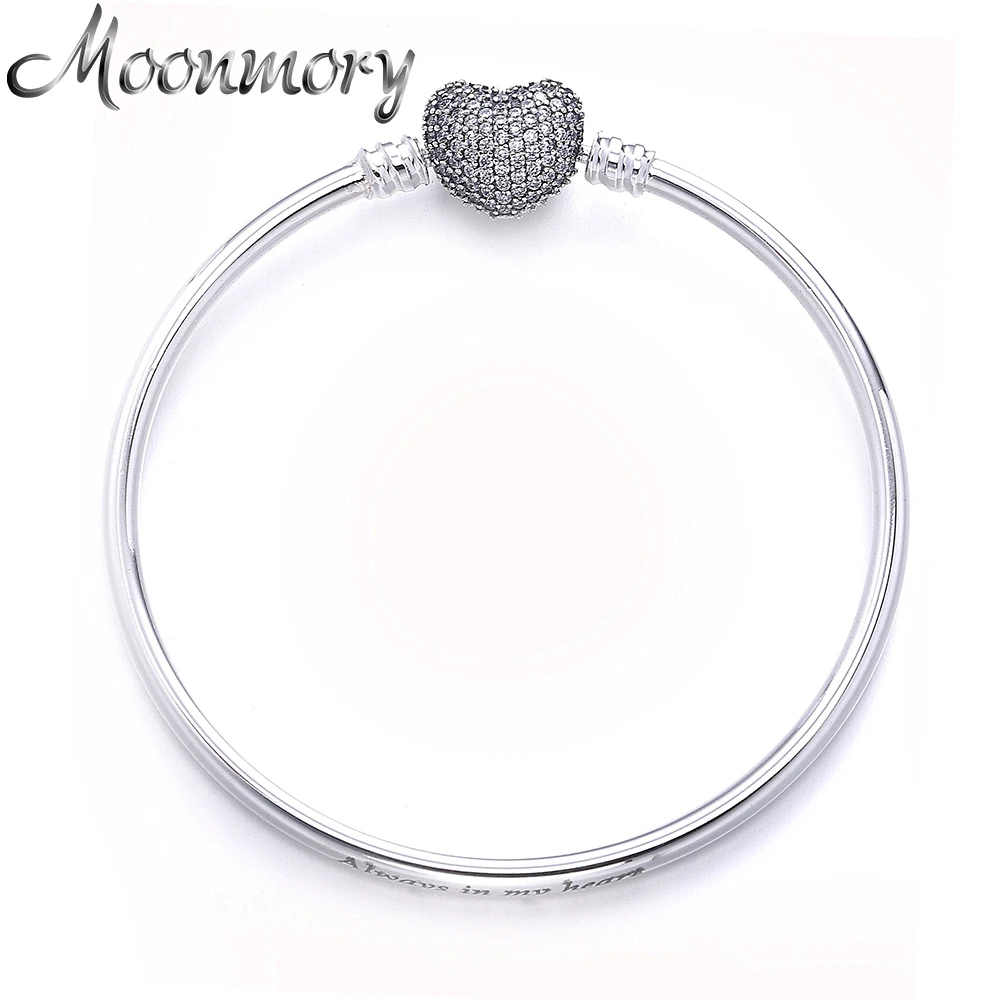 Moonmory стерлингового серебра 925 пробы блестящие замочек в виде сердца циркониевые бусины браслеты для женщин Роскошные брендовые ювелирные изделия Diy ювелирные изделия