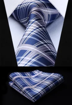 

TC812V8S Plaid Navy Blue Gray Check 3.4" Silk Tie Party Wedding Handkerchief Set Woven Classic Men Tie Necktie