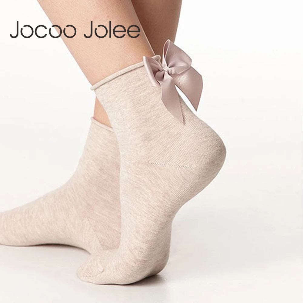 

Jocoo Jolee Sweet Student Socks The Heel Ribbon Big Bow Short Socks Wild Chaussette Female Herring Ankle Socks