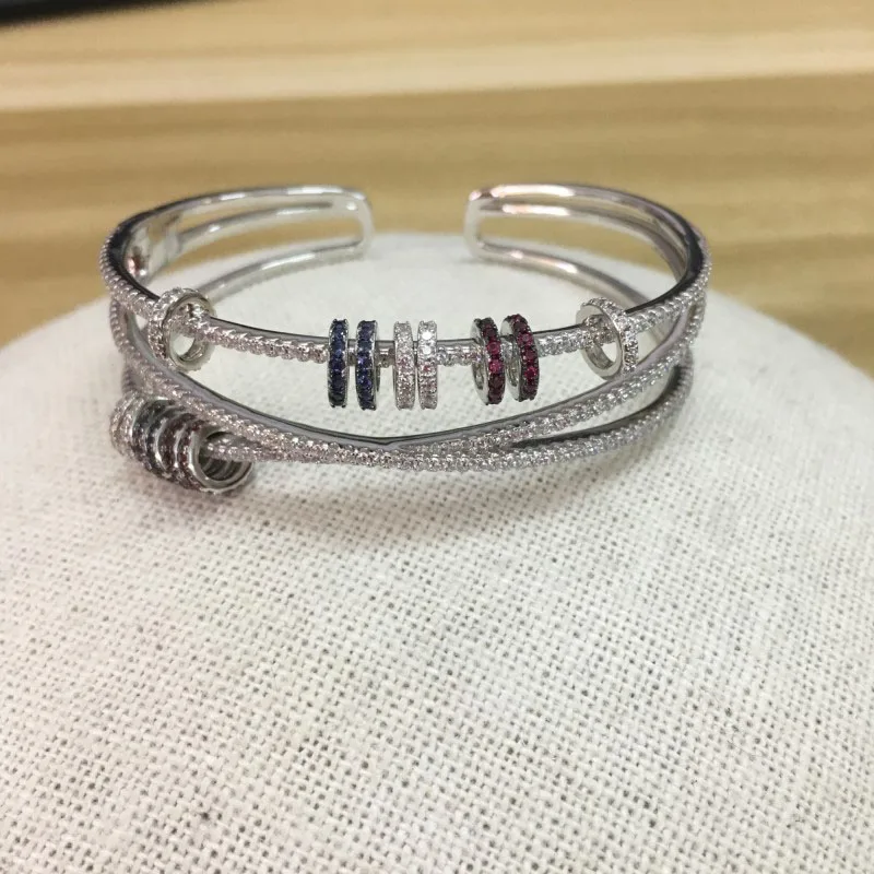 

SLJELY 925 Sterling Silver Three Line Bangle with Colorful Sliding Mini Rings Cubic Zirconia Bracelet for Women Fashion Jewelry