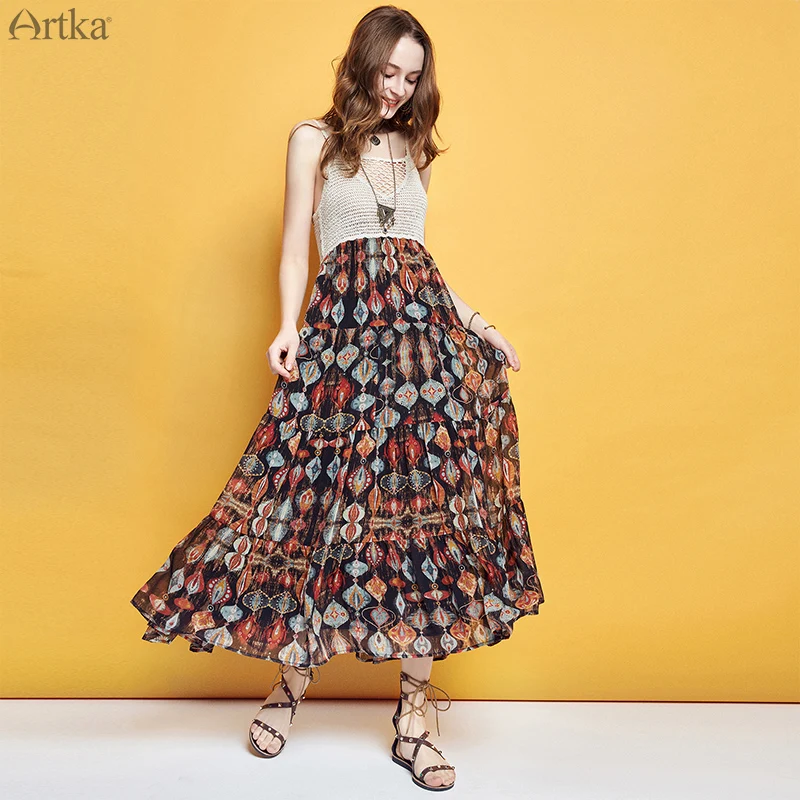 ARTKA летнее женское платье без рукавов лоскутное цветное А-Силуэт платье на тонких бретелях платья в богемном стиле(отправить длинное) LA10191X
