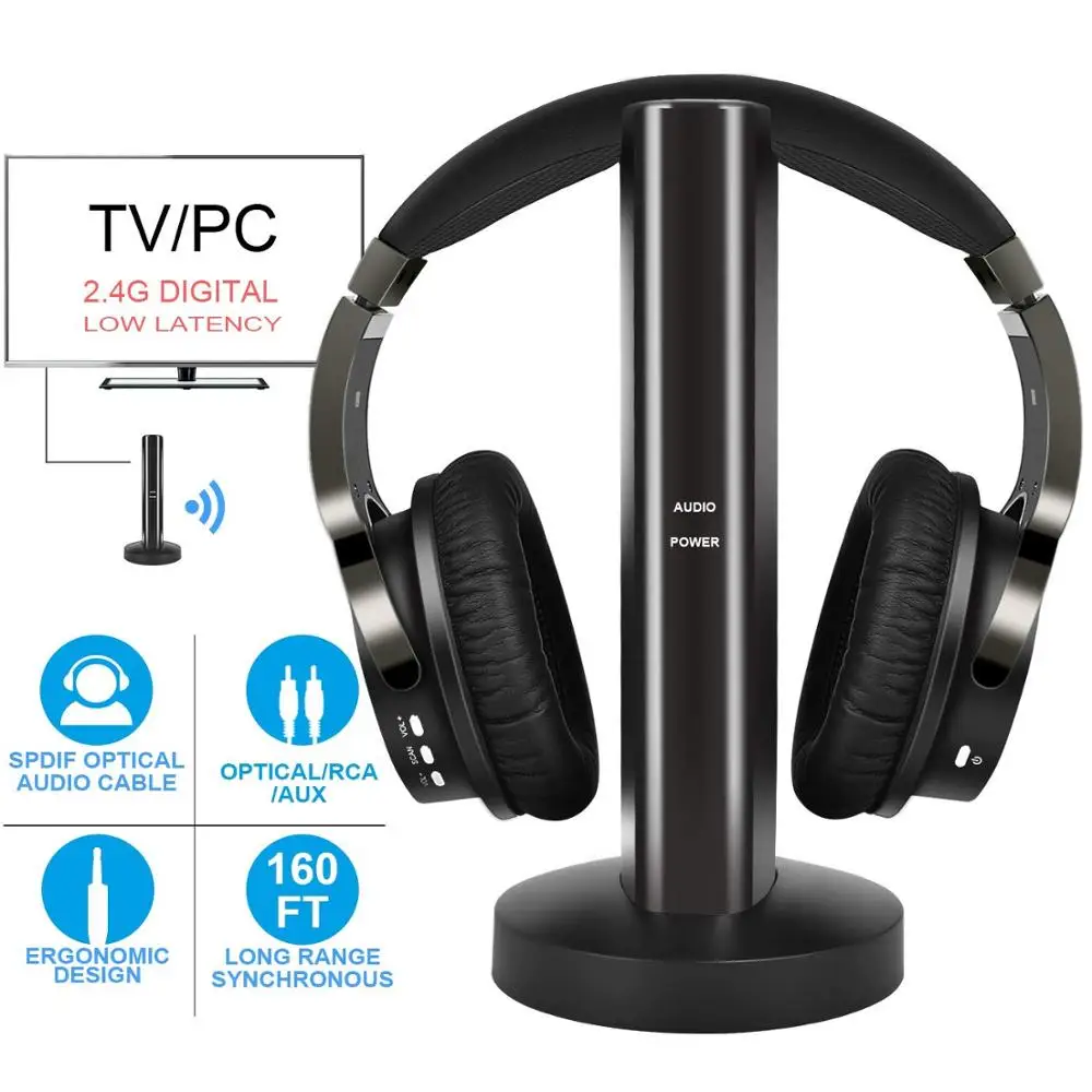Wireless TV Headphones with 2 4G Digital RF Transmitter Hi Fi Over Ear Cordless Headset with RCA 3 5MM cable