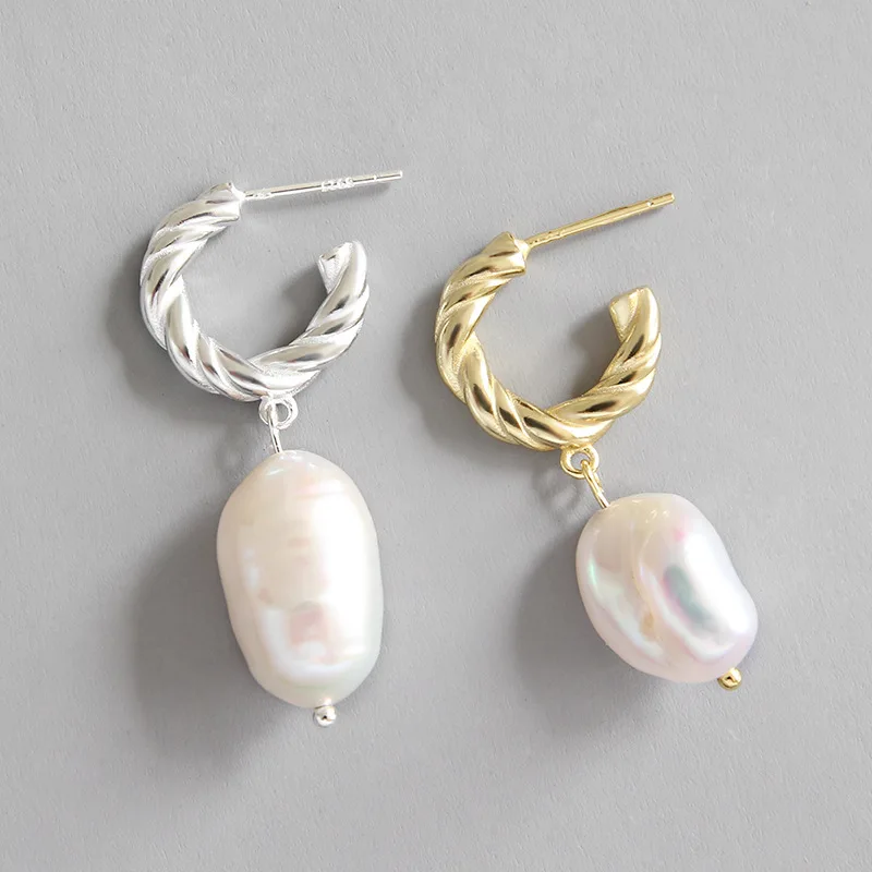 

100% S925 Sterling Silver Baroque Freshwater Pearl Twist C Shape Drop Earrings Women Jewelry Lady Gift Simple Design Vintage