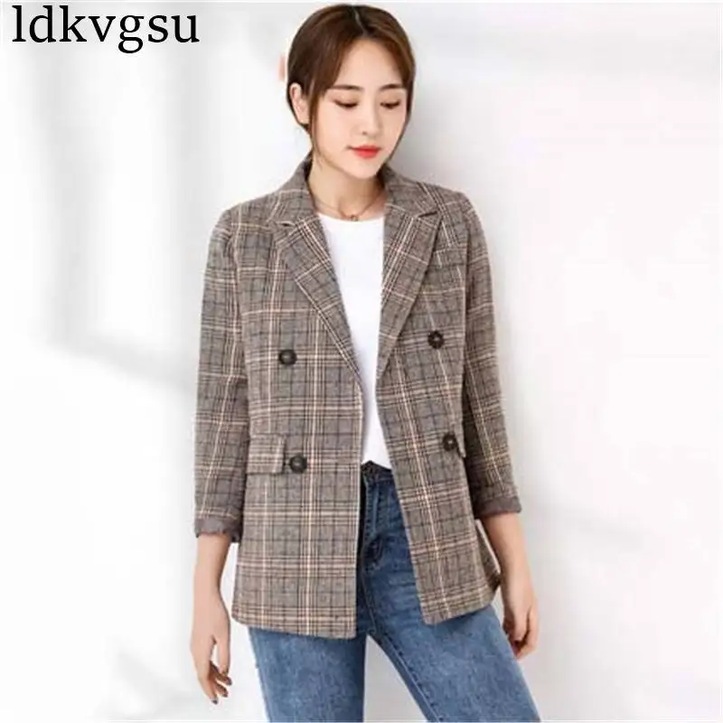 

Retro Plaid Suit Jacket Female Long Section 2019 Spring Autumn Blazers Suits New Korean Loose fashion Casual Women Coats V318