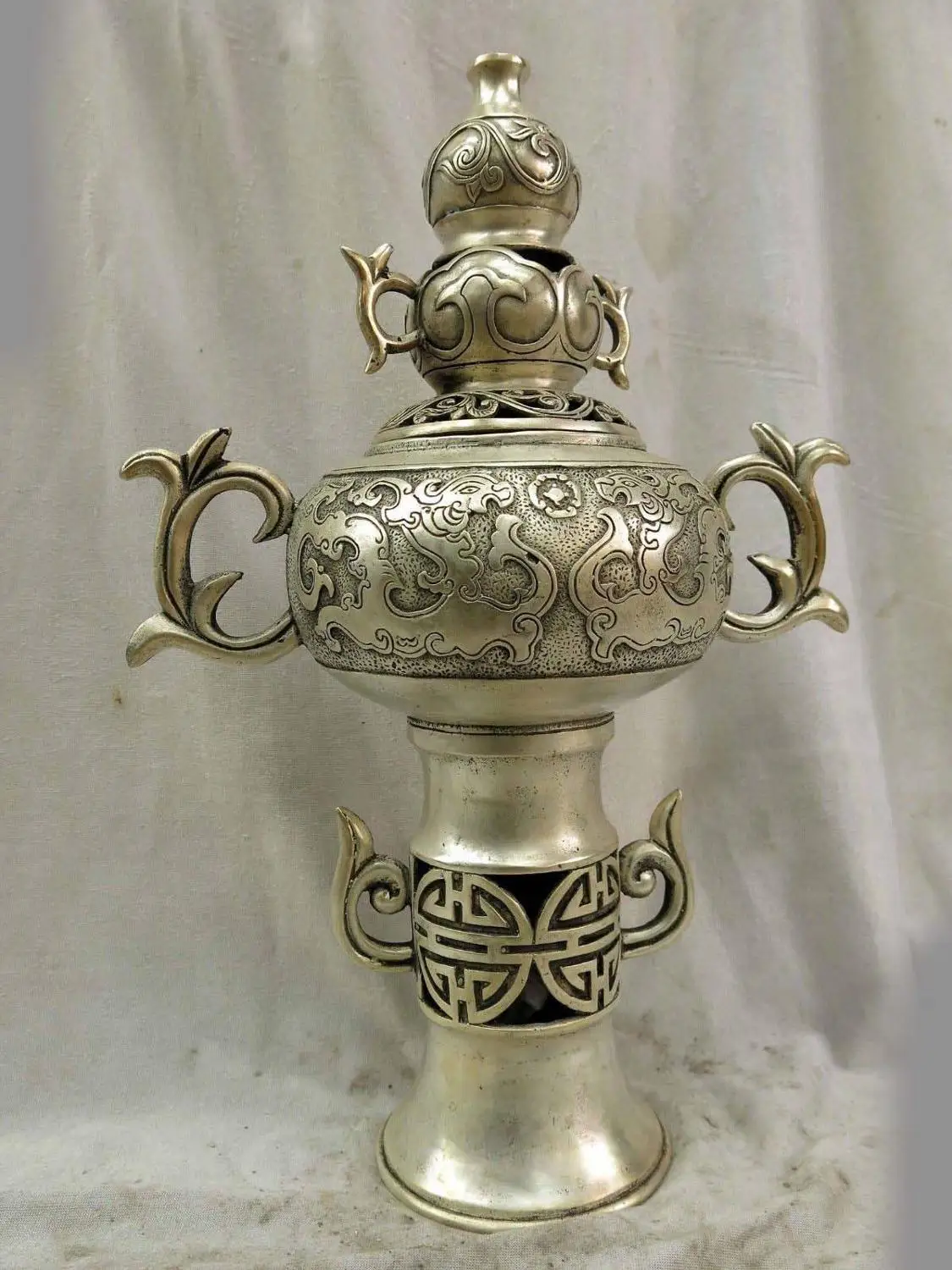 

15" China silver carved Foo Dogs Lion bottle gourd incense burner censer Statue