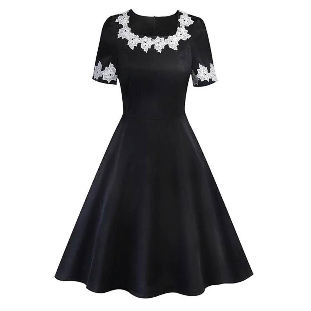 

Vintage Appliques Black Women Dresses Short Sleeve Summer Clothes Retro Rockabilly Dress Robe Jurken Zomer Formal Party Dress