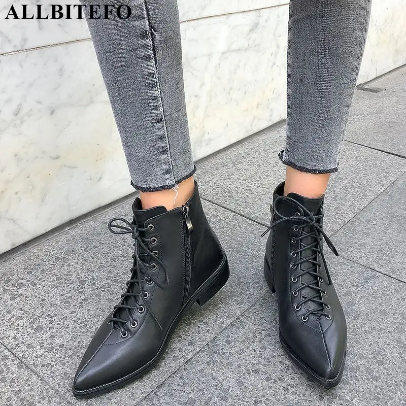 

ALLBITEFO large size:34-42 genuine leather low-heeled winter snow women boots pointed toe thick heel ankle boots for women