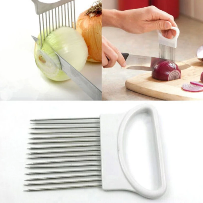 

Onion Slicer Tomato Aid Guide Cutter Gadget Holder Slicing Vegetable Fruit tools Safe Fork Stainless Steel kitchen accessories