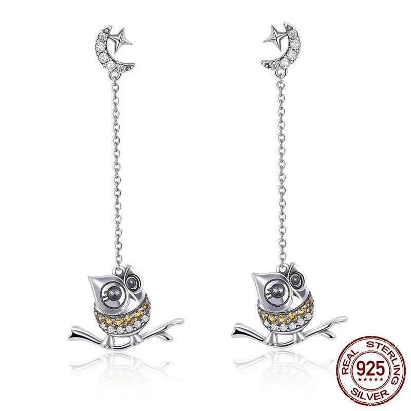 

Authentic 925 Sterling Silver Cute Owl Long Chain Earrings for Women Moon Clear CZ Sterling Silver Jewelry