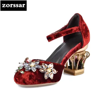 

{Zorssar} Big Size 33-43 Ankle Strap heels sandals summer shoes Women Pumps Fashion crystal Woman High Heels Party wedding shoes
