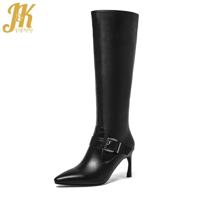 

J&K 2018 Fashion Strange High Heels Shoes Woman Genuine Leather Upper Pu Shaft Knee Boots Buckle Strap Pointed toe Winter Boots