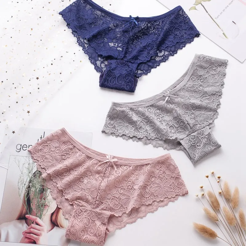 

High Quality Cotton Breathable Briefs Sexy Lace Hollow Out Underwear Ruffled Embroidery Low Waist Hip Briefs Lingerie