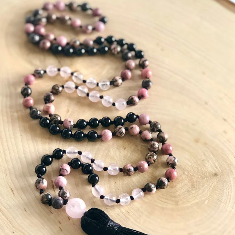 

Hand Knotted Necklaces Pink Black Rhodonite Rose Q-uartz And Black Onyx Mala Necklace 108 Beads Tassel Necklace Chakra Jewelry