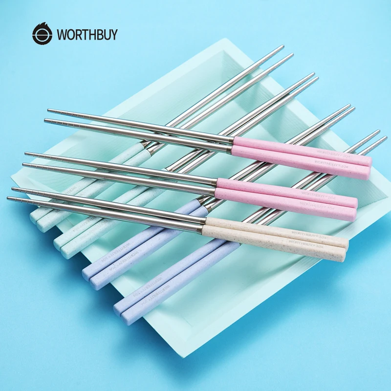 WORTHBUY 4/8 пар 304 китайская палочка для еды из нержавеющей стали с ручкой пшеничной