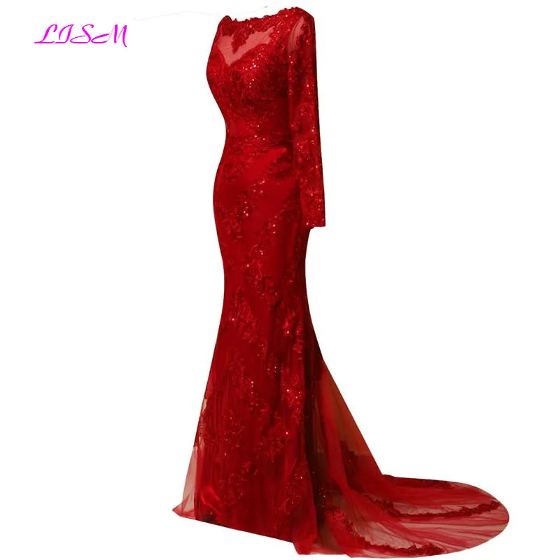 Реальные фотографии, красное вечернее платье с длинными рукавами, кружевные аппликации, платья для выпускного вечера, длинные платья с коротким шлейфом, Формальные платья, платье с эффектом омбре