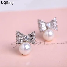 Pata 925 пробы серебряные ювелирные изделия лук жемчуг серьги-гвоздики чистый 925 серебряные серьги Brincos Pendientes de Plata