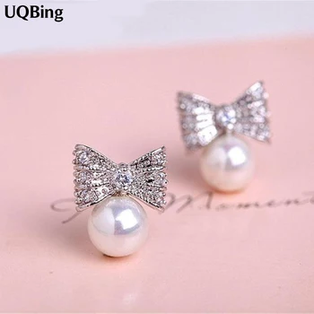

925 Sterling Silver Jewelry Bow Pearl Stud Earrings Brincos Pendientes De Plata