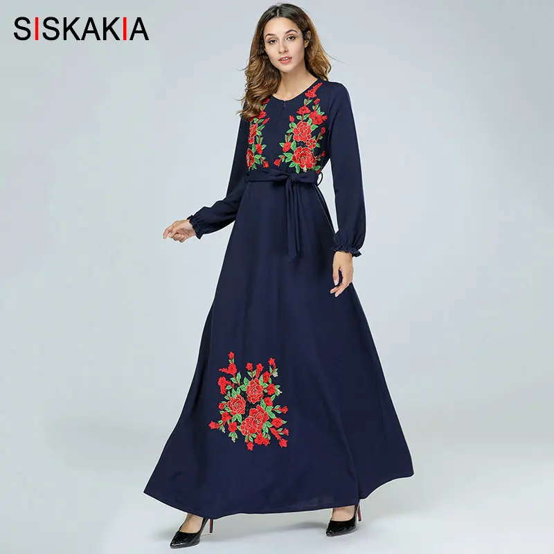 Женское Макси Платье с цветочной вышивкой Siskakia однотонное длинное платье