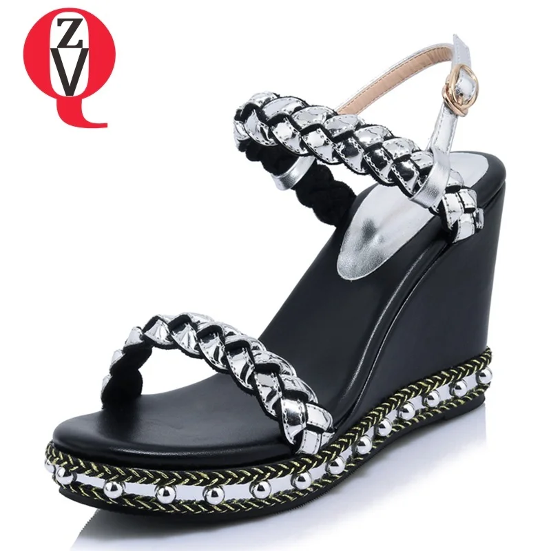 

ZVQ shoes women summer new fashion open toe genuine leather women sandals outside super high wedges platform buckle ladies shoes