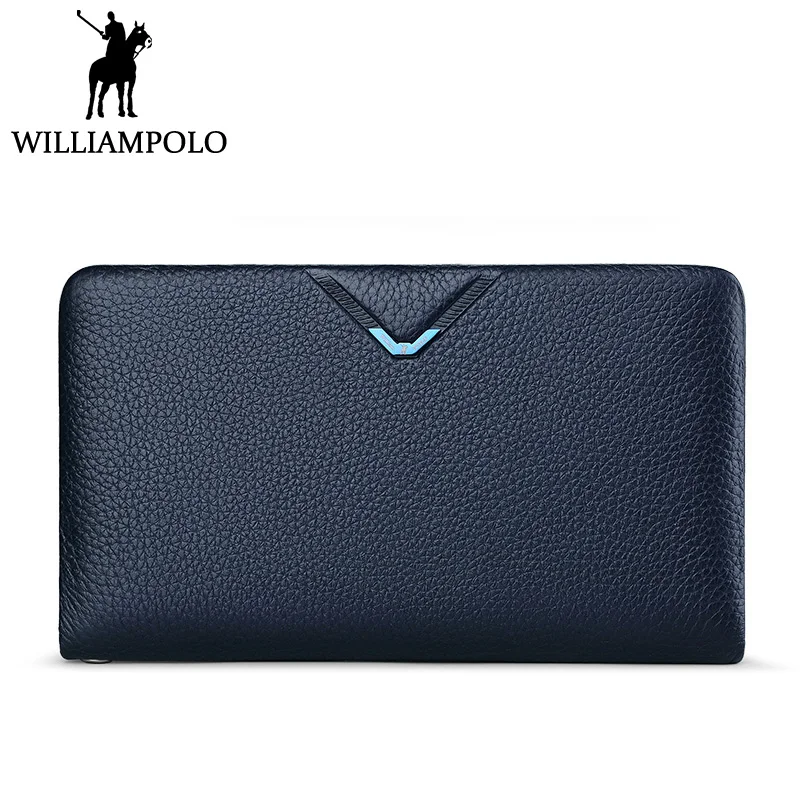 

WILLIAMPOLO Men Credit Card Holder Genuine Leather 2018 New Long Bi-fold Design Card Wallet Male Gift Card Case Safe Hand Strap