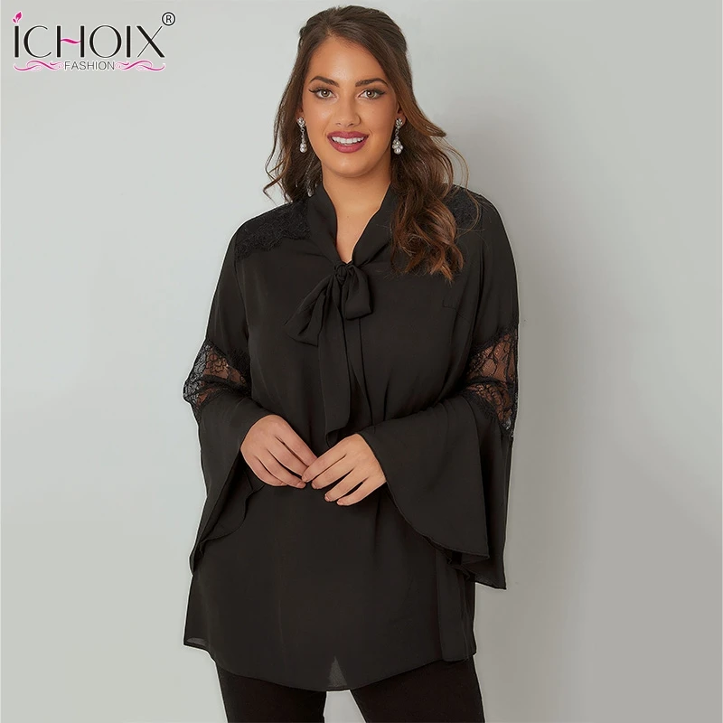 ICHOIX 4XL 5XL большой размер летний Кружевной Топ для женщин Черная кружевная женская