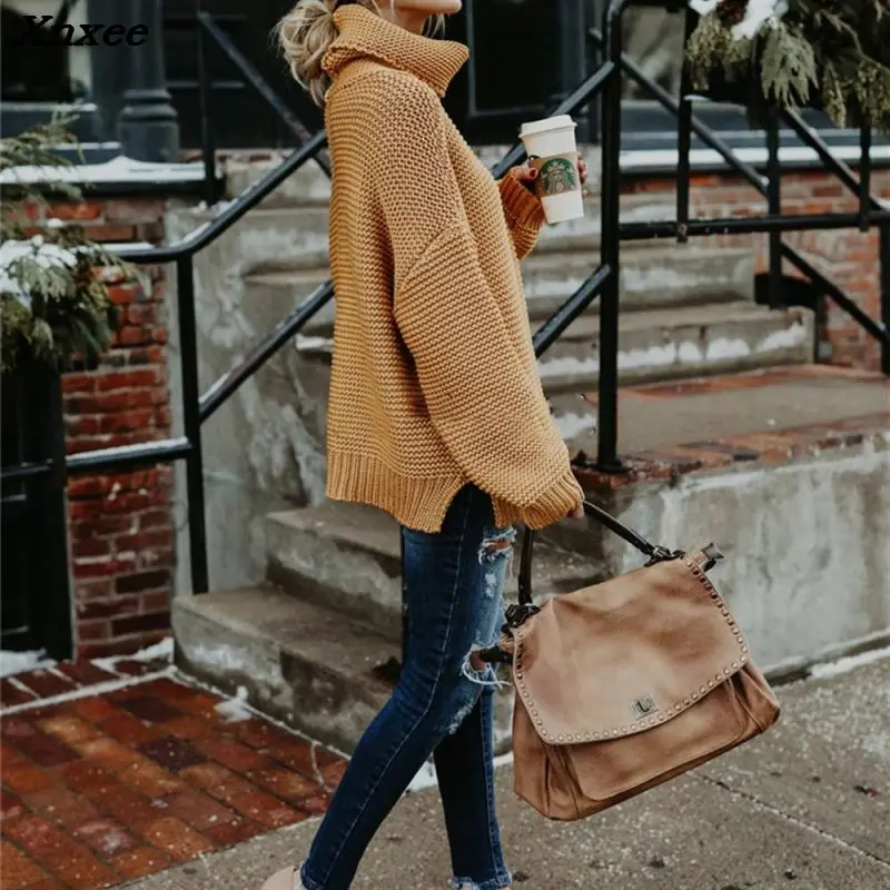 Winter Women Turtleneck Sweater Plus Size Female Casual Loose Long Sleeve Warm Sweater Warm Womens Pullover Winter Cable Knitted