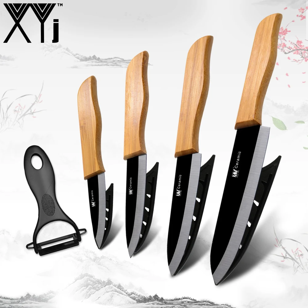 XYj Керамические ножи Керамические наборы кухонных ножей черное лезвие бамбуковая ручка 5 шт. наборы 3 4 5 6 дюймов кухонный нож с Овощечистка