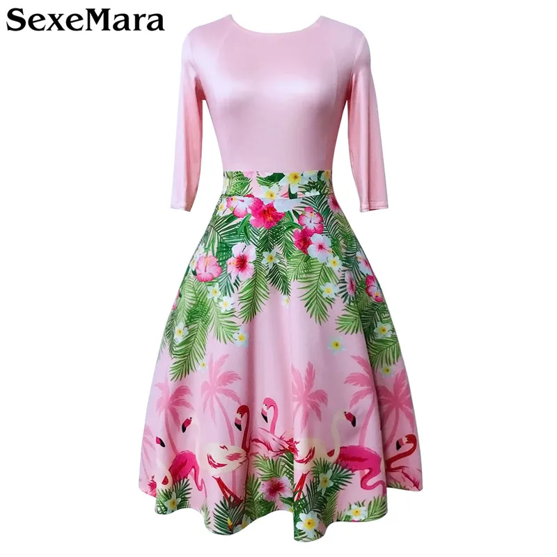 Осень новое 1950 s винтажное, с рукавами до локтя розовое платье с принтом Фламинго ТРАПЕЦИЕВИДНОЕ повседневное женское платье Vestidos вечерние платья бальное платье