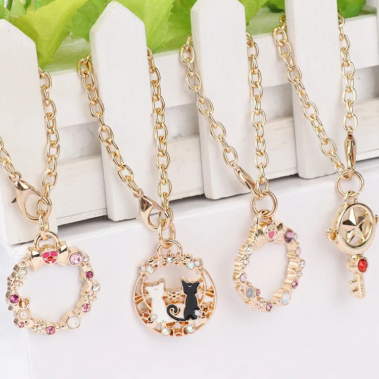 

7style Sailor Moon Card Captor Sakura Anime Printed Metal Diamond Magic Wand The Clow Card Bag Charm Keychain Bag Pendants Doll
