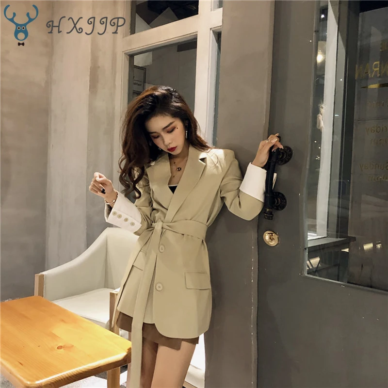 HXJJP Vintage Patchwork Lace Up Women Jacket Blazer Retro Loose Pockets Slim Waist Suit Coat 2018 Autumn Streetwear Outwear