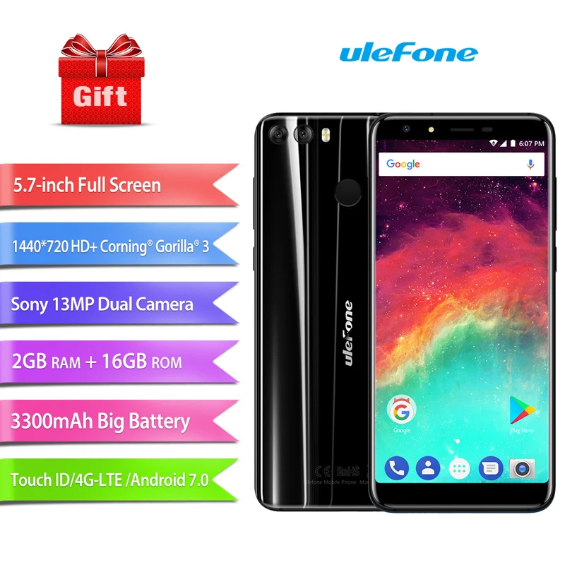 Ulefone MIX 2 5.7 &quotHD + 18:9 экран MTK6737 4 ядра Android 7.0 сканер отпечатков пальцев ГБ 16