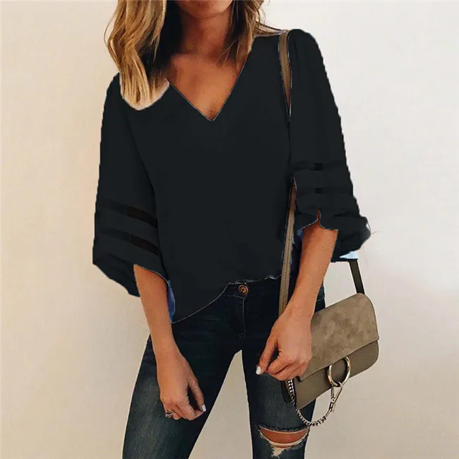 blouses & shirts Mesh Stitching Women Chiffon Blouse Shirt Sexy V Neck Casual Loose 3/4 Flare Sleeve Solid Summer Blusas Shirt Summer Female Tops long sleeve blouse Blouses & Shirts