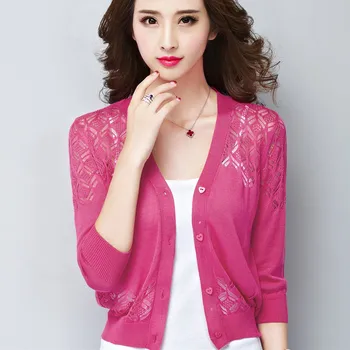 

New 2019 Summer Air Conditioning Cardigan Women Casual Thin Crochet Hollow Short Knitted Blouse 3/4 Sleeve Tops F279