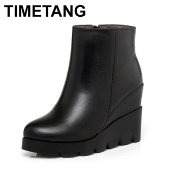 

TIMETANG 2018 autumn winter soft leather platform high heels girl wedges ankle boots shoes for woman fashion boots women Size 34