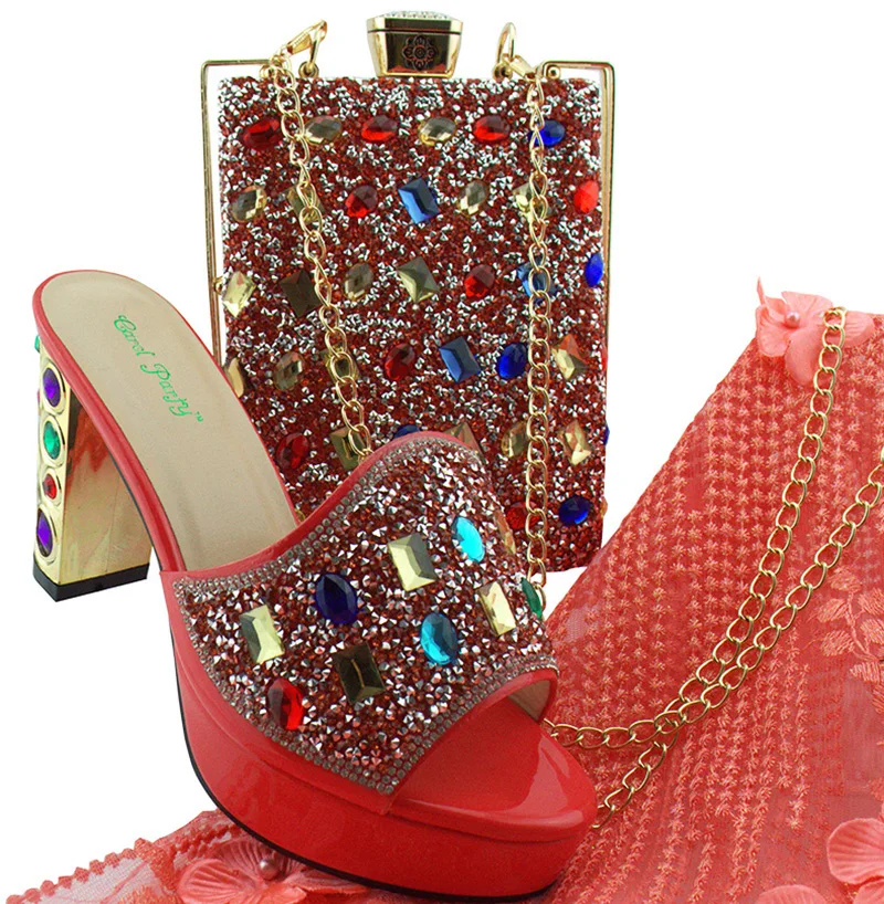 Coral shoes and bag fashion slippers shoes 3.5 inches with clutches bag for african aso ebi