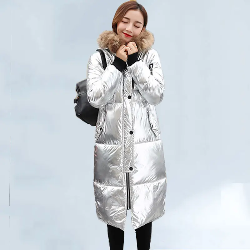 

2019 Fur Collar Winter Jacket New Metal Golden Silver Bright Hooded Long Jacket Coat Women Warm Cotton Parka Hooded Outwear 125