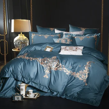 

Blue Green Egyptian Cotton Embroidery Luxury Royal Bedding set Queen King size Bed set Quilt/Duvet cover Bedsheet set Pillowcase
