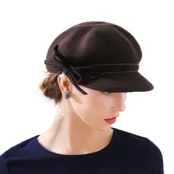 Для женщин моды газетчик шапки с бантом осень-зима 100% шерсть фетровая шляпа с жемчугом Женские однотонные Цвет шляпа M60