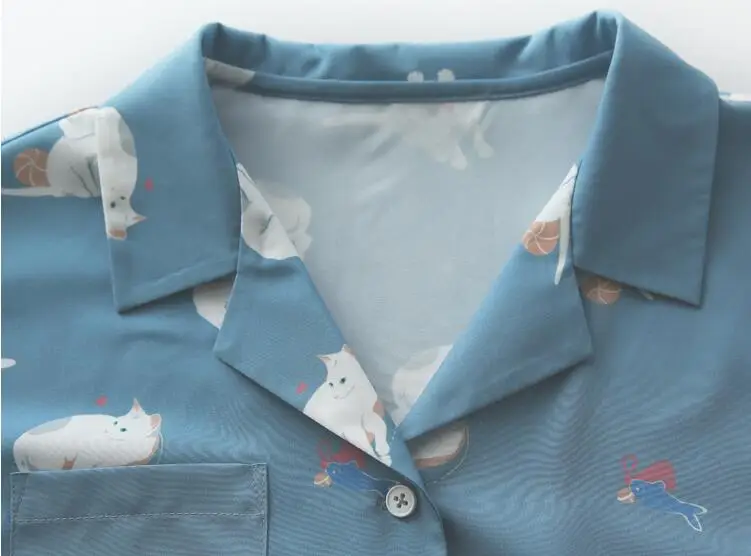 Летние милые блузки для женщин, японские повседневные топы с отложным воротником и принтом кота для девочек, винтажные рубашки на пуговицах с коротким рукавом