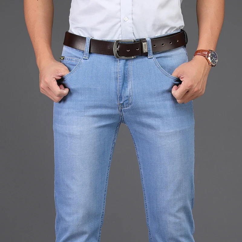 Мужские весенние летние джинсы деним джинсы мужские облегающие размера плюс до 40 большие и высокие мужские брюки тонкие джинсы