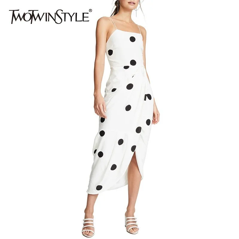 

TWOTWINSTYLE Summer Polka Dot Sexy Dress For Women Off Shoulder Sleeveless High Waist Ruched Slim Split Dresses Female Fashion