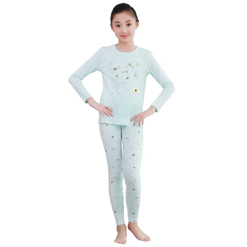 Детские однотонные хлопковые пижамы с цветами; Одежда для девочек; сезон осень-зима; Детские комплекты термобелья; домашняя одежда для малышей; одежда для сна - Цвет: Green